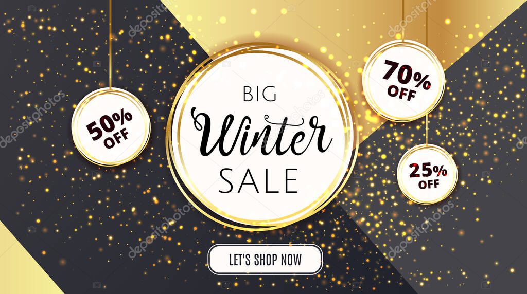 Premium luxury Winter Sale background for holiday promo banner. Golden confetti with gold Christmas ball on vip modern gold and black background. Gold calligraphy lettering. Vector stock illustration.