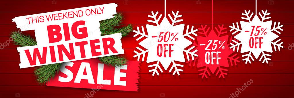 Big winter sale offer, banner template. Colored paper origami snowflake with lettering, isolated on red background. After Christmas sale tags. Shop market poster design. Vector illustration EPS 10.