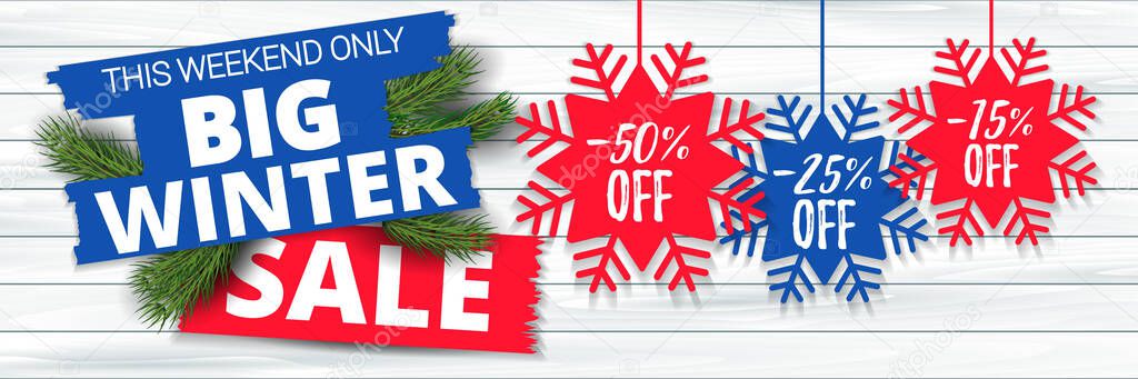 Big winter sale offer, banner template. Colored paper origami snowflake with lettering, isolated on wooden background. After Christmas sale tags. Shop market poster design. Vector illustration EPS 10.