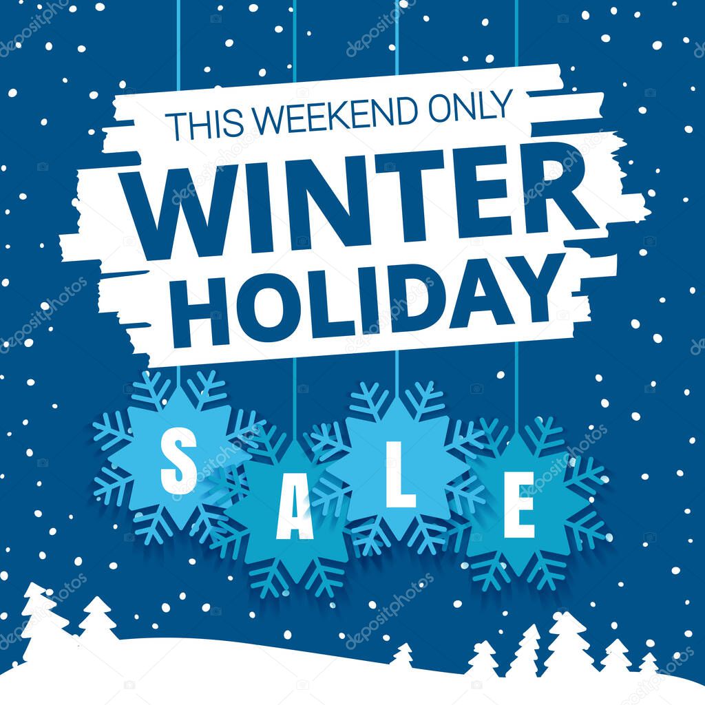 Winter holiday sale promo ads. Flat paper snowflake tag with long shadow and winter forest on the cyan background. Web banner for e-commerce, on-line shop, fashion beauty shop, store. Vector stock.