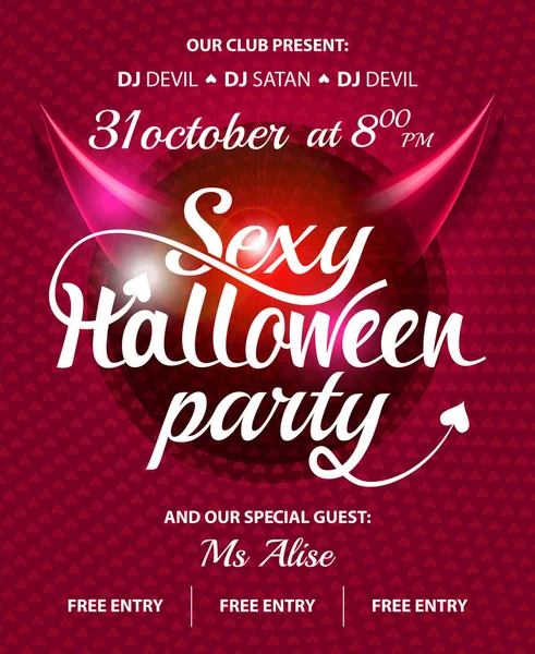 Sexy fiesta de Halloween invitación club rosa, volante con texto sobre fondo abstracto brillo y cuernos del diablo — Vector de stock