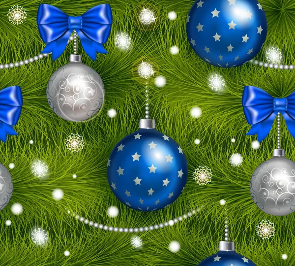 伝統的なシアンと銀のクリスマスボール、弓や雪と他のクリスマスの装飾とシームレスに現実的なクリスマスと幸せな新年の木. — ストックベクタ