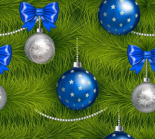 Realistické Vánoce a šťastný nový rok strom bezešvé s tradiční kyan a stříbrné vánoční ples, luk a další vánoční ozdoby se sněhem. — Stockový vektor