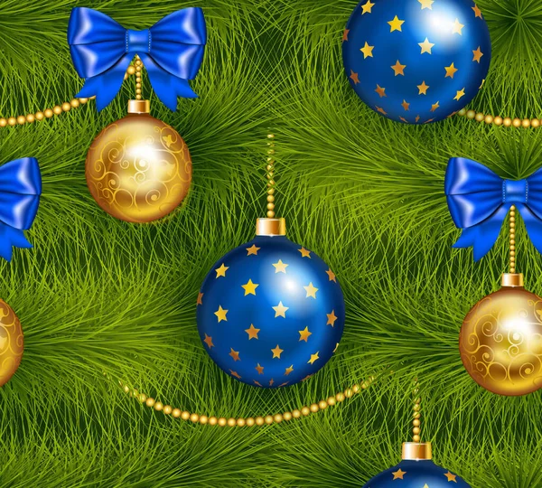 伝統的なシアンや金のクリスマスボール、弓や雪と他のクリスマスの装飾とシームレスに現実的なクリスマスツリー. — ストックベクタ