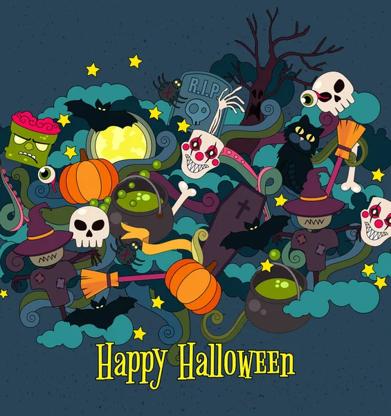 Mão vetorial colorido desenhado Feliz Halloween Doodle estilo de desenhos animados de objetos e símbolos sobre o tema de Halloween — Vetor de Stock