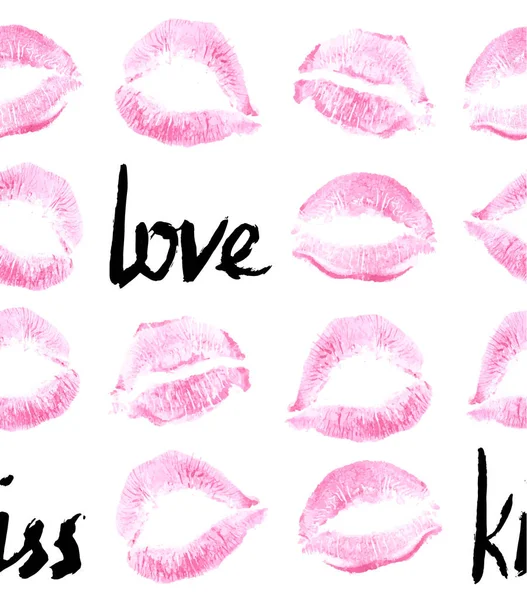 Patroon prints van roze vrouwelijke lippen, lippenstift, roze met de hand getekend belettering liefde — Stockvector