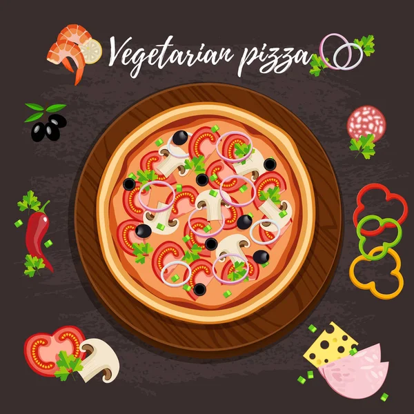 Pizza vegan flat style vector illustration. Flat style design - vector icon set of vegetarian pizza product with ingredients. EPS 10. — Stock Vector