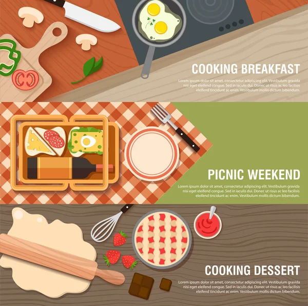 Colazione culinaria banner piatto con padella e uova, pic-nic del fine settimana con panini, vino, stoffa e cesto. Preparare la torta con cioccolato, fragole e marmellata. illustrazione vettoriale . — Vettoriale Stock