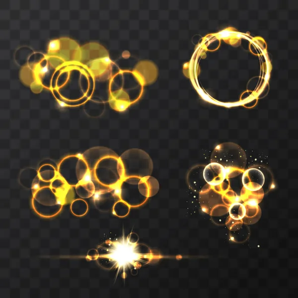 Realistická kolekce Lens Flare Elements. Zlatý sluneční efekt Transparentní design. Vektorová ilustrace. — Stockový vektor