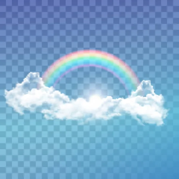 Arco iris brillante con nubes ilustración vectorial realista sobre fondo transparente. — Vector de stock