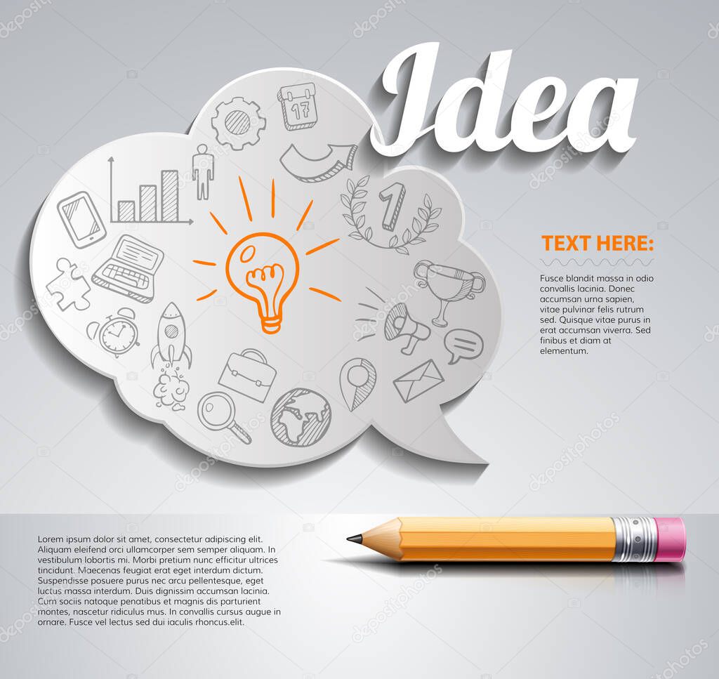 Creative splash template with pencil and speak bubble. Hand drawn icons Idea and business, can be used for infographics and banners, idea concept vector illustration.