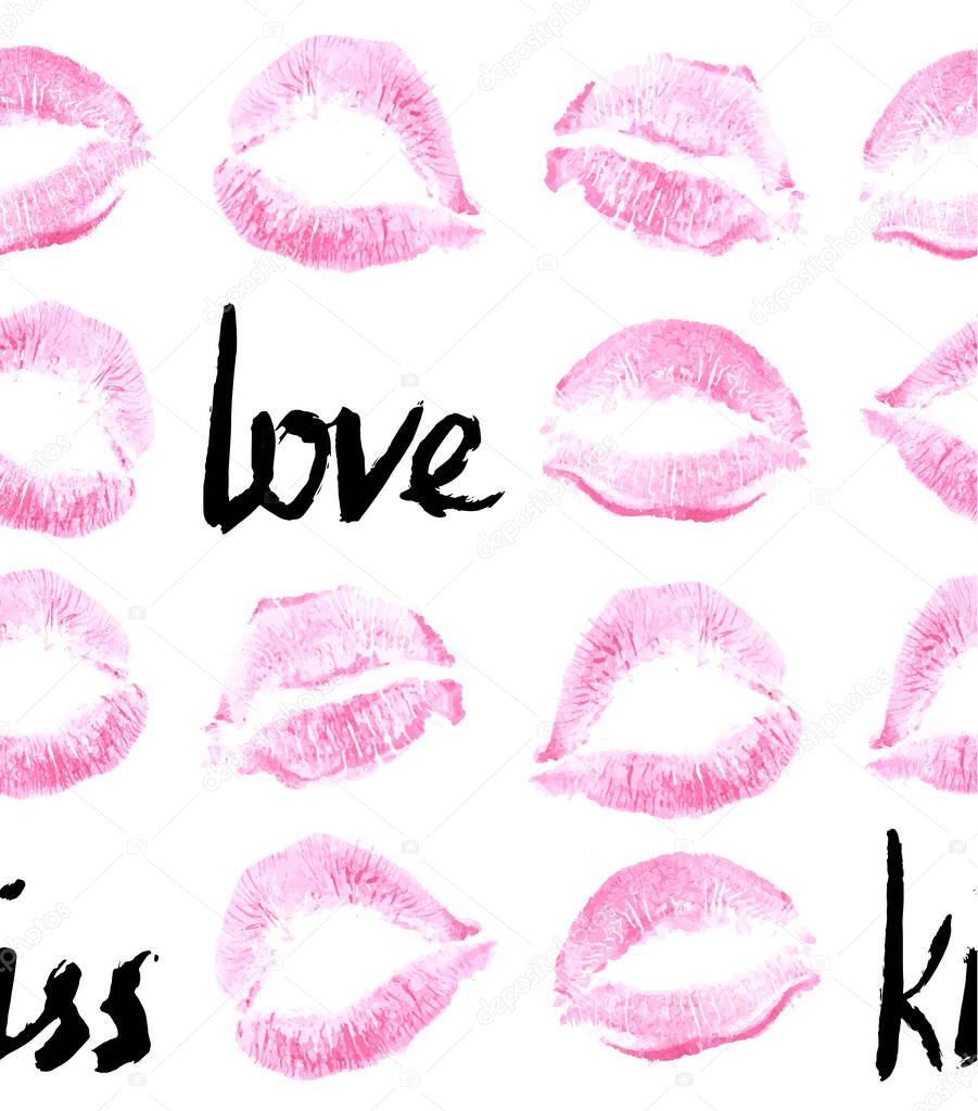 Pattern prints of pink female lips, lipstick, pink with hand drawn lettering love