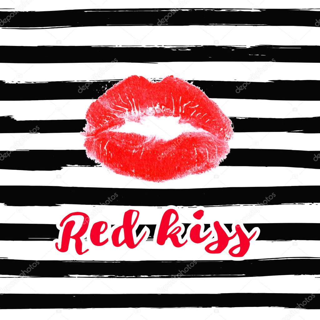 Fashion red lips print of woman with black line striped background. Vector illustration.Sexy lip make-up pattern. Open mouth. Sweet red kiss. Cosmetics and makeup vintage pattern