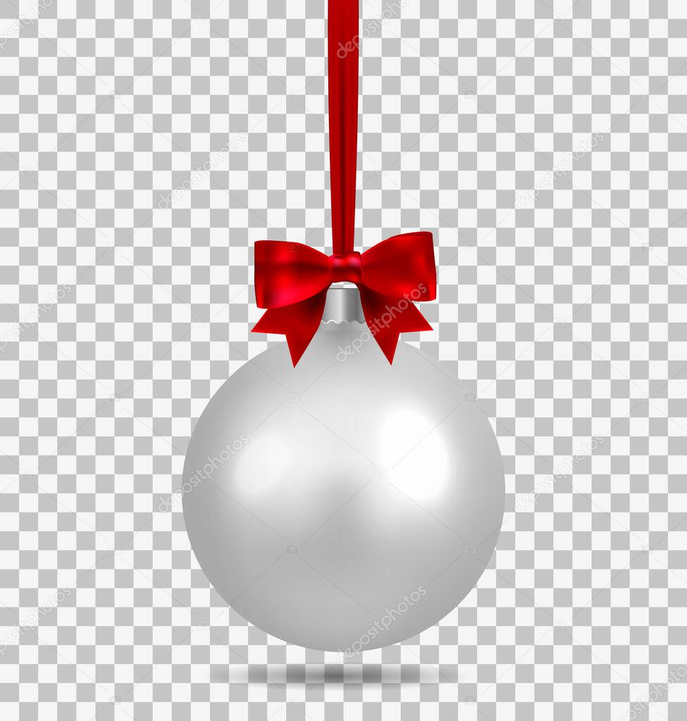 Silver Christmas ball with ribbon and a bow and snowflake isolated on transparent background. Template of matt realistic Christmas ball. Stocking element christmas decorations. Isolated object. Vector