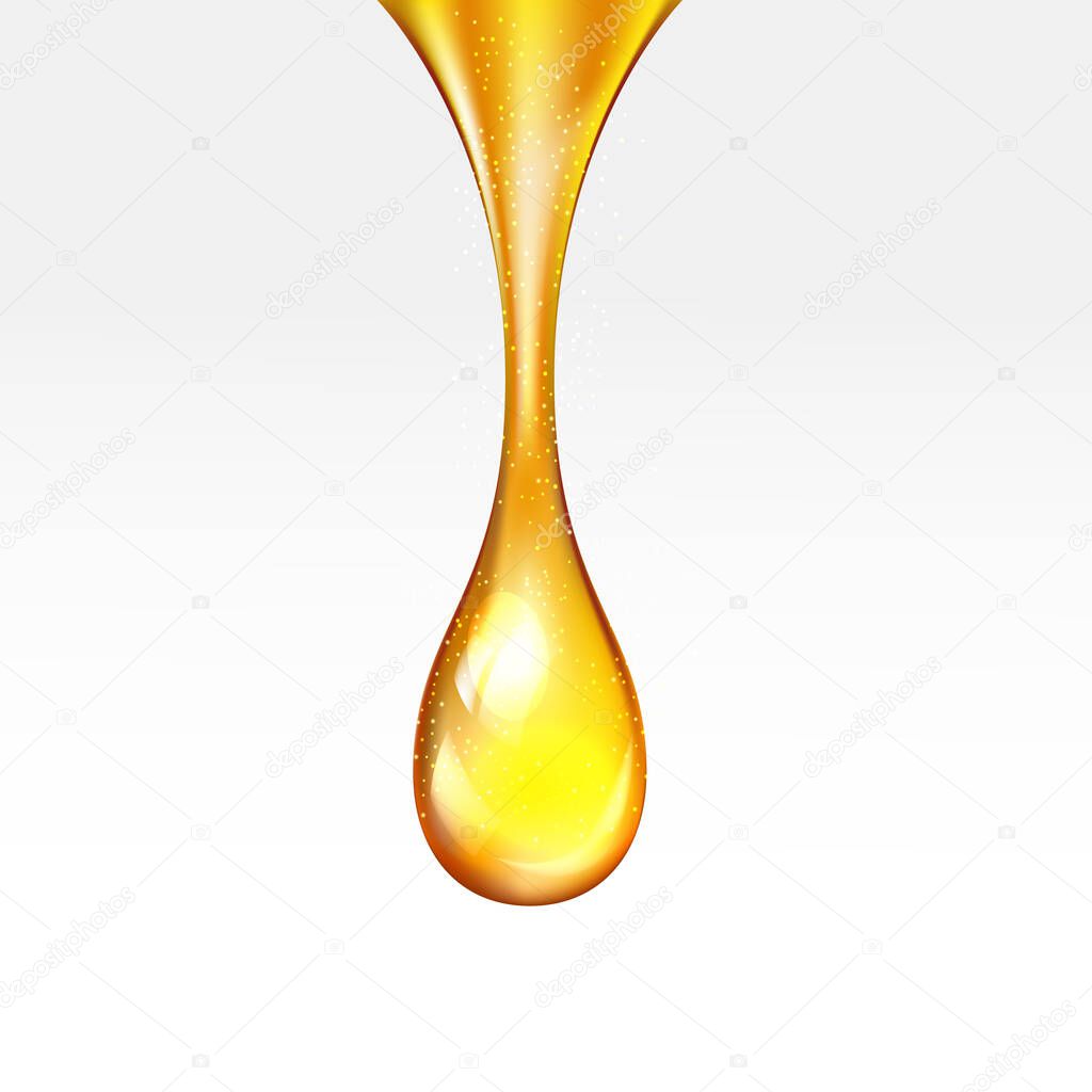 Vector stock supreme collagen gold drop of oil essence isolated on white background. Luxury Premium gold shining serum droplet