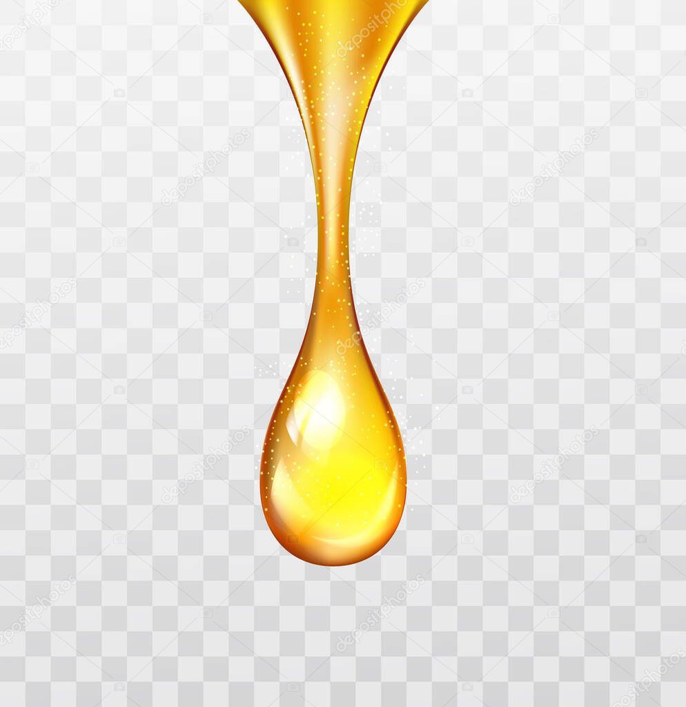 Vector stock supreme collagen gold drop of oil essence isolated on transparent light background. Luxury Premium gold shining serum droplet