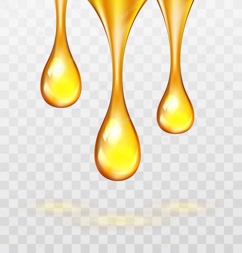 Vector stock set of supreme collagen gold drop of oil essence isolated on transparent light background. Luxury Premium gold shining serum droplet