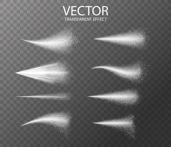 Vatten spray vit rök eller dimma damm och prickar, dimma av atomizer. Trigger Sprayer effekt med spray eller ström munstycken, kosmetisk design. Abstrakta prickar moln, snöstorm. 3D-element vektor illustration — Stock vektor