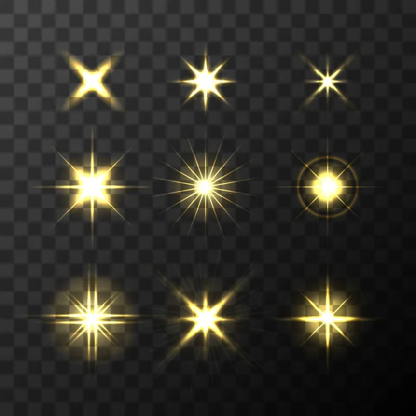 Conjunto de estrelas de efeito de luz brilhante vetorial explode sobre fundo transparente. estrelas transparentes —  Vetores de Stock