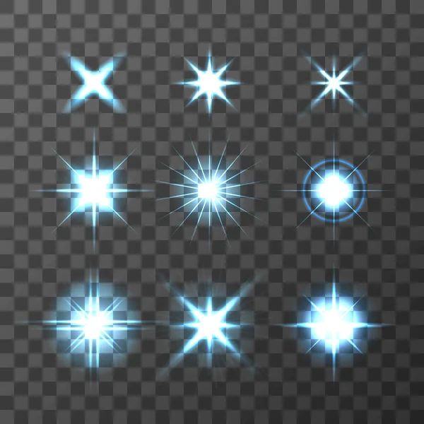 Uppsättning av Vector glödande ljus effekt stjärnor spricker på transparent bakgrund. Transparenta stjärnor — Stock vektor