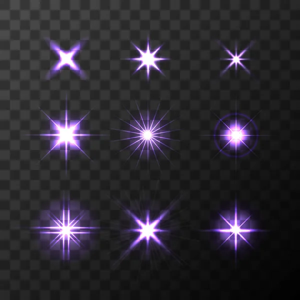 Set of Vector glowing light effect stars bursts with sparkles on transparent background. Transparent stars — Stock Vector