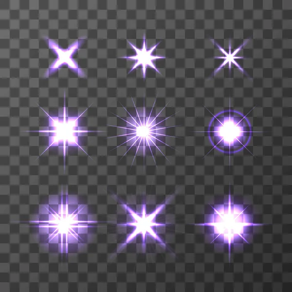 Set of Vector glowing light effect stars bursts with sparkles on transparent background. Transparent stars — Stock Vector