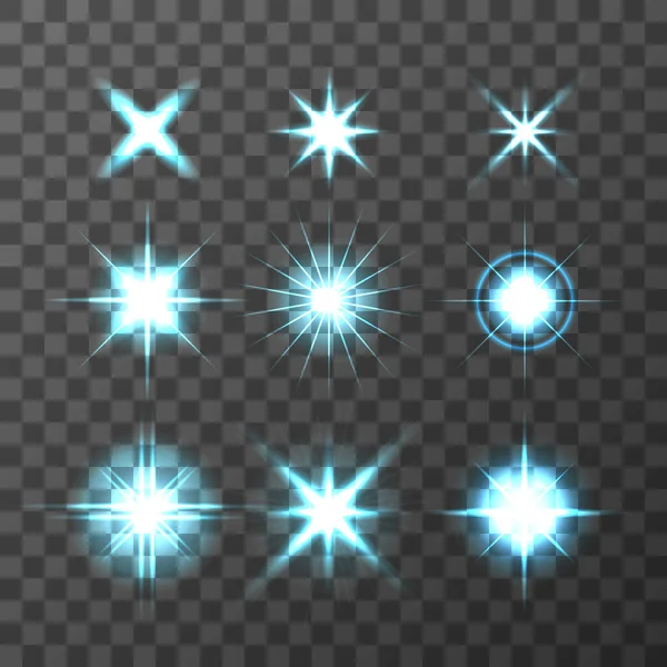 Set di stelle effetto luce incandescente vettoriale esplode con scintille su sfondo trasparente. Stelle trasparenti — Vettoriale Stock