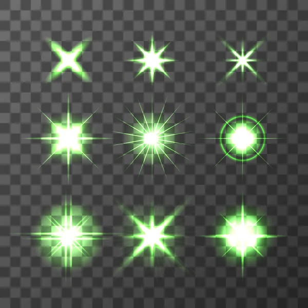 Light Glow Green Flare Stars Effect Set isolerad på transparent bakgrund. EPS 10. — Stock vektor