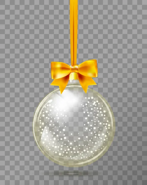 Plantilla de vidrio transparente bola de Navidad con nieve en el interior. Elemento calcetín decoraciones navideñas. Objeto vectorial transparente para diseño, maqueta. Juguete brillante con brillo dorado. Objeto aislado . — Vector de stock