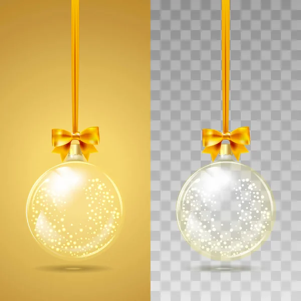 Plantilla de vidrio transparente bola de Navidad con nieve en el interior. Elemento calcetín decoraciones navideñas. Objeto vectorial transparente para diseño, maqueta. Juguete brillante con brillo dorado. Objeto aislado. Vector — Archivo Imágenes Vectoriales