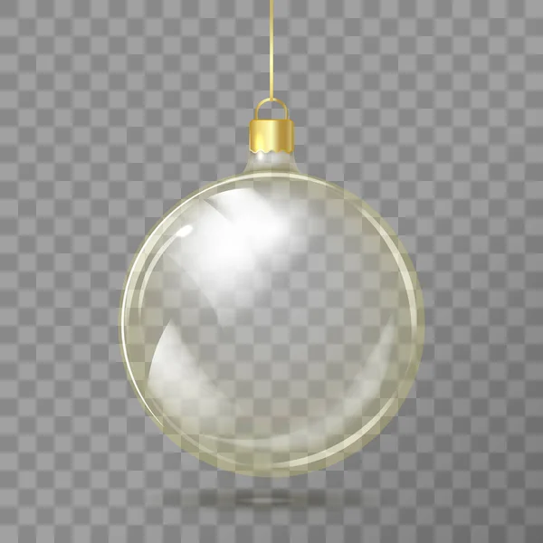 Template of glass transparent Christmas ball. Stocking element christmas decorations. Transparent vector object for design, mock-up. Shiny toy with golden glow. Isolated object. Vector illustration — Stock Vector