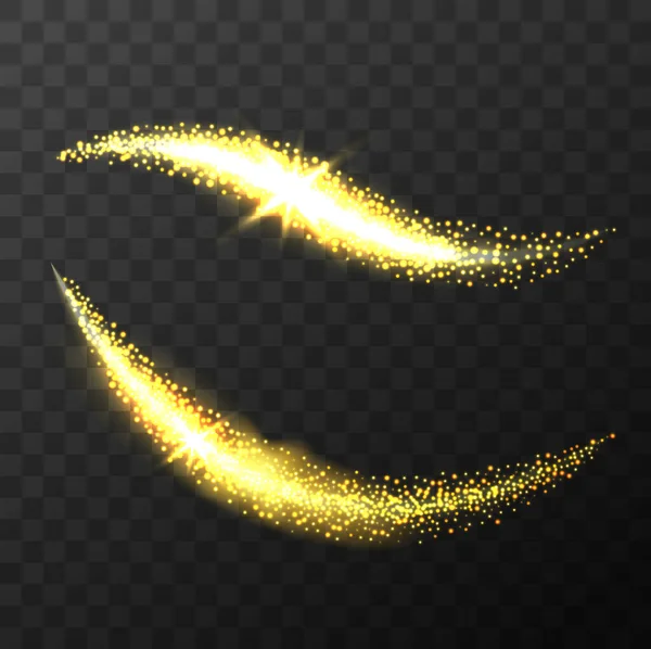 Μαγικά διανυσματικά κύματα με Sparkle και αστρόσκονη glitter που απομονώνονται σε μαύρο φόντο. Χρυσές αστραφτερές γραμμές με χρυσά σωματίδια που απομονώνονται σε διαφανές φόντο. Διάνυσμα φωτεινών ιχνών. — Διανυσματικό Αρχείο