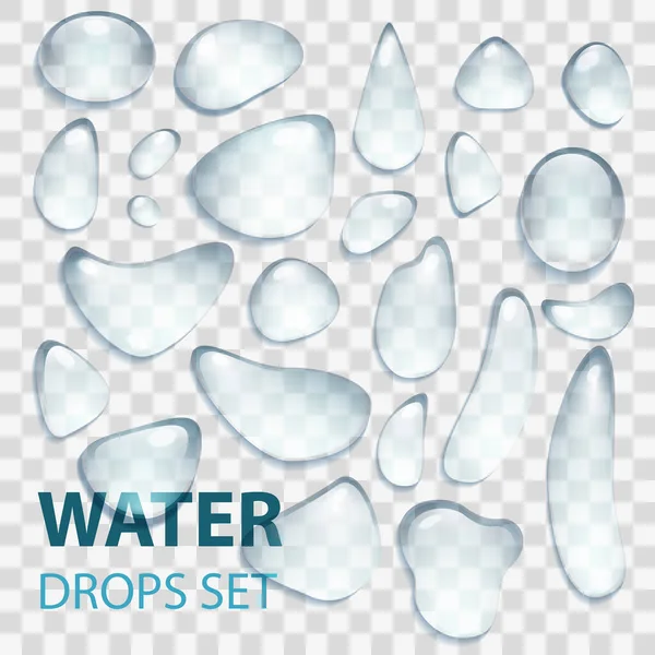 Gota de agua realista transparente establecida sobre fondo gris claro transparente, ilustración vectorial. EPS 10 — Vector de stock