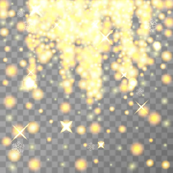 Fallen der Lichter isoliert auf transparent. Weihnachten leuchtet. Fallender Glitzereffekt. Goldener Schneefall. Gold glitzern transparent, Gold Weihnachten Hintergrund Sternschnuppen. Vektorillustration — Stockvektor