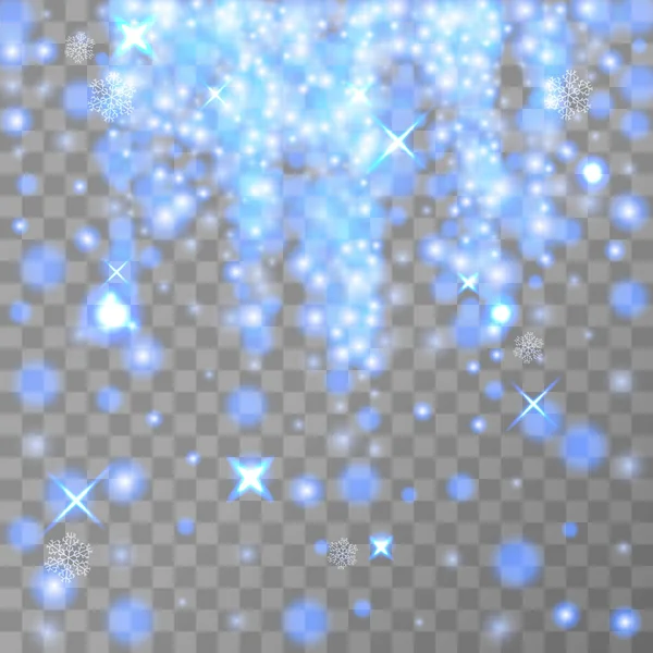 Chute des lumières isolées sur transparent. Noël brille. Effet de lumière à paillettes. Chute de neige cyan. Paillettes bleues transparentes, fond bleu de Noël étoile tombante. Illustration vectorielle — Image vectorielle