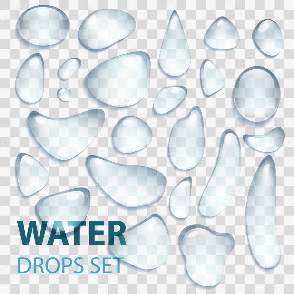 Transparent realistic water drop set on transparent light gray background, vector illustration. EPS 10