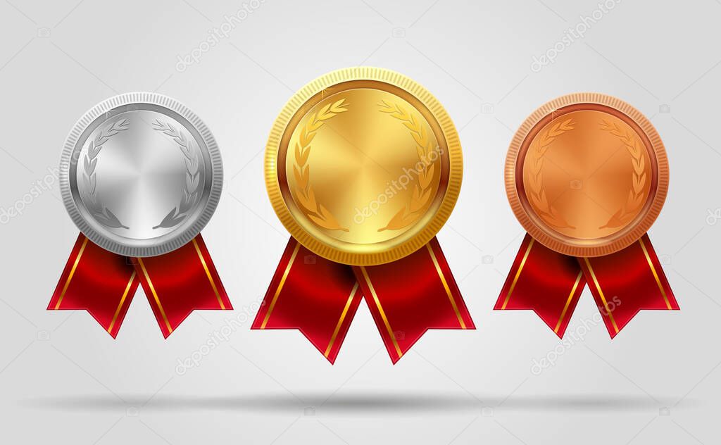 Realistic vector set of empty shining gold, silver and bronze medals and ribbon. Premium badges. Winner sport awards. Achievement icons. Vector illustration. EPS 10.