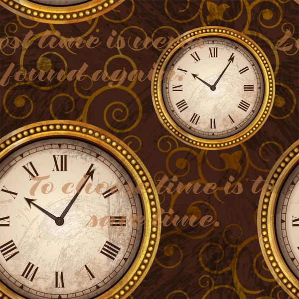 Vintage orologio d'oro antico orologi rotondi senza soluzione di continuità con iscrizioni Per scegliere il tempo è quello di risparmiare tempo, Tempo perso non si trova mai più . — Vettoriale Stock