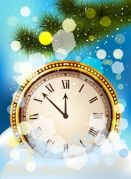 Reloj de año nuevo antes de medianoche. Reloj antiguo en la nieve. Ilustración Año Nuevo Fondo de medianoche con reloj y ramas de abeto - Vector — Archivo Imágenes Vectoriales