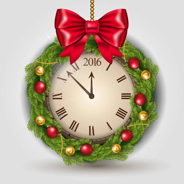 Vector concepto de Año Nuevo con reloj con guirnalda y bola de Navidad . — Vector de stock