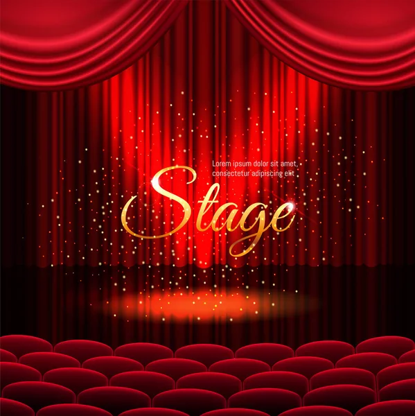 Un palcoscenico teatrale con una tenda rossa e un riflettore con scintille dorate. Festival o show poster, invito concerto banner vettoriale stock illustrazione. EPS 10. — Vettoriale Stock