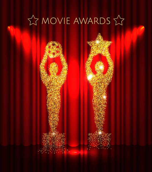 Cinema Gold Glitzerpreise mit Sternen auf dem roten Vorhang Hintergrund. — Stockvektor