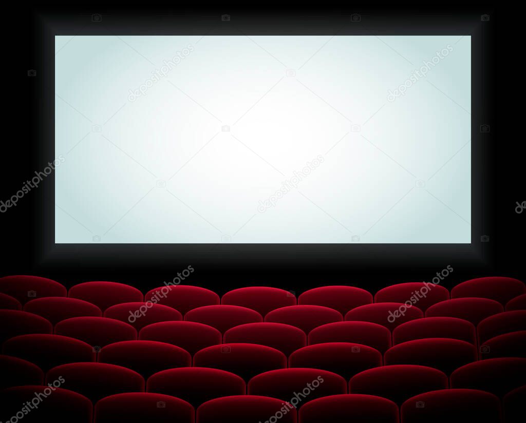 Interior of a cinema movie theatre, lecture hall with copyspace on the screen and rows of blue cinema or theater seats in front. Empty Cinema auditorium with white screen. Vector illustration. EPS 10