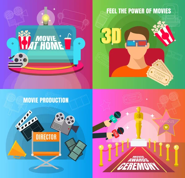 Cinema 4 flat design concepts set of movie adn cinema productuon watching and awards ceremony with director viewers, oscar figurine, 3D movie, and watch at home vector illustration — Image vectorielle