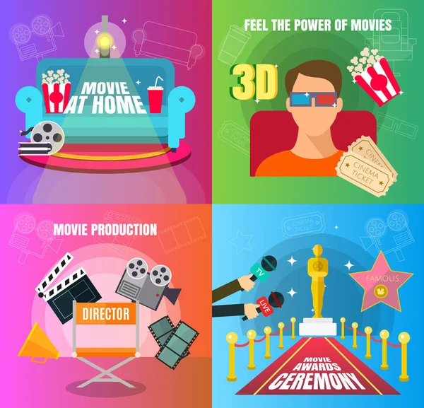 Cinema 4 flat design concepts set of movie adn cinema productuon watching and awards ceremony with director viewers, oscar figurine, 3D movie, and watch at home vector illustration. — Image vectorielle