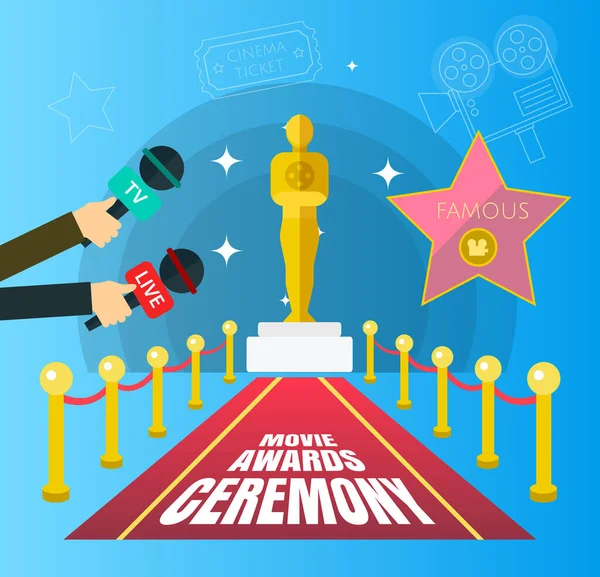 平面设计理念的电影颁奖典礼与奥斯卡人物形象在红地毯上。好莱坞名人堂实况报道，实况新闻概念. — 图库矢量图片