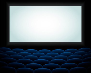 Sinema salonunun içi, sinemada konferans salonu, ekranda yer alan konferans salonu ve önünde sıra sıra mavi sinema veya tiyatro koltukları. Beyaz ekranlı Boş Sinema Salonu. Vektör çizimi. EPS 10.