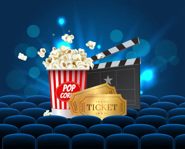 Cyan Cinema Film Design Plakát design. Vektorová šablona banner pro filmovou premiéru nebo show se sedadly, popcorn box, clapperboard a zlaté vstupenky. — Stockový vektor