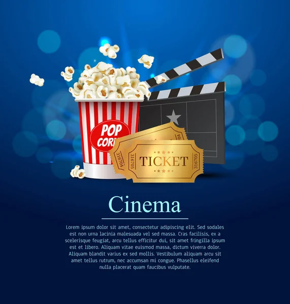 Cyan Cinema Movie Designポスターデザイン。シート、ポップコーンボックス、クラッパーボードと金のチケットで映画のプレミアやショーのためのベクトルテンプレートバナー. — ストックベクタ
