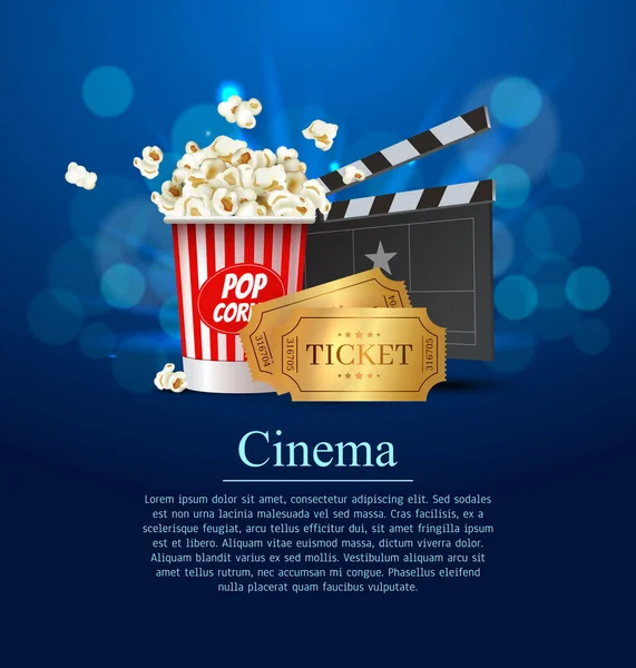 Cyan Cinema Film Design Plakát design. Vektorová šablona banner pro filmovou premiéru nebo show se sedadly, popcorn box, clapperboard a zlaté vstupenky. — Stockový vektor